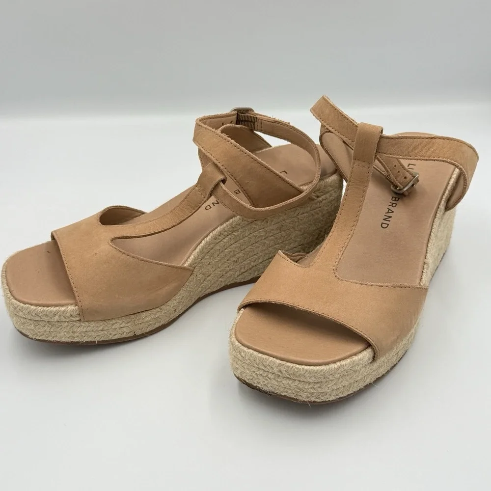 Lucky Brand Valki Sandals Womens Sz 7M Beige Leather‎ T-Strap Espadrille Wedge